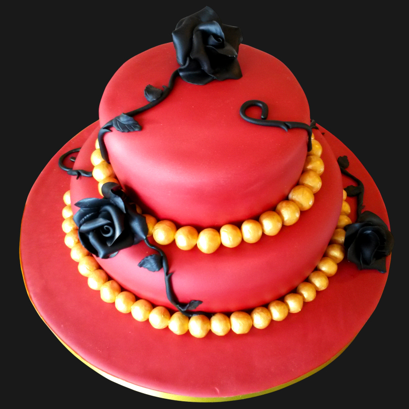 Red and Gold Cake with Black Roses